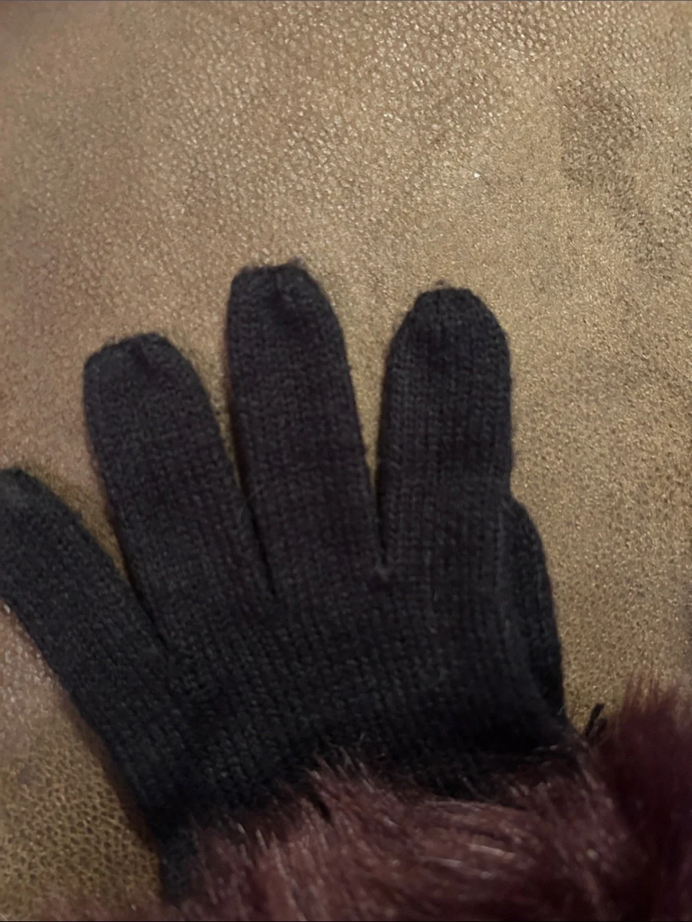 Ann Taylor Black Gloves with Burgundy Faux-Fur Cuffs